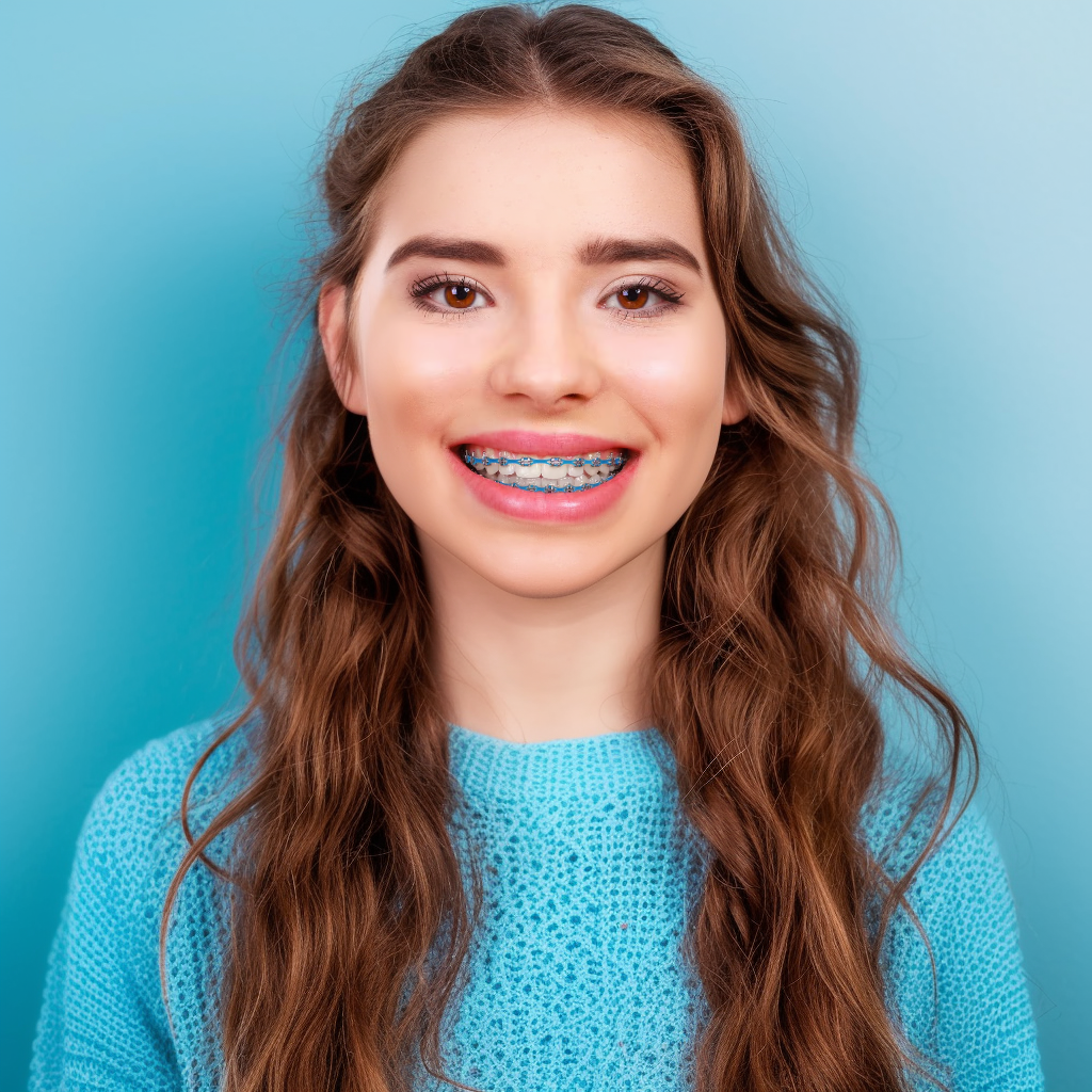 Young woman with brown curly hair and blue sweater smiles, showing braces against a blue background.