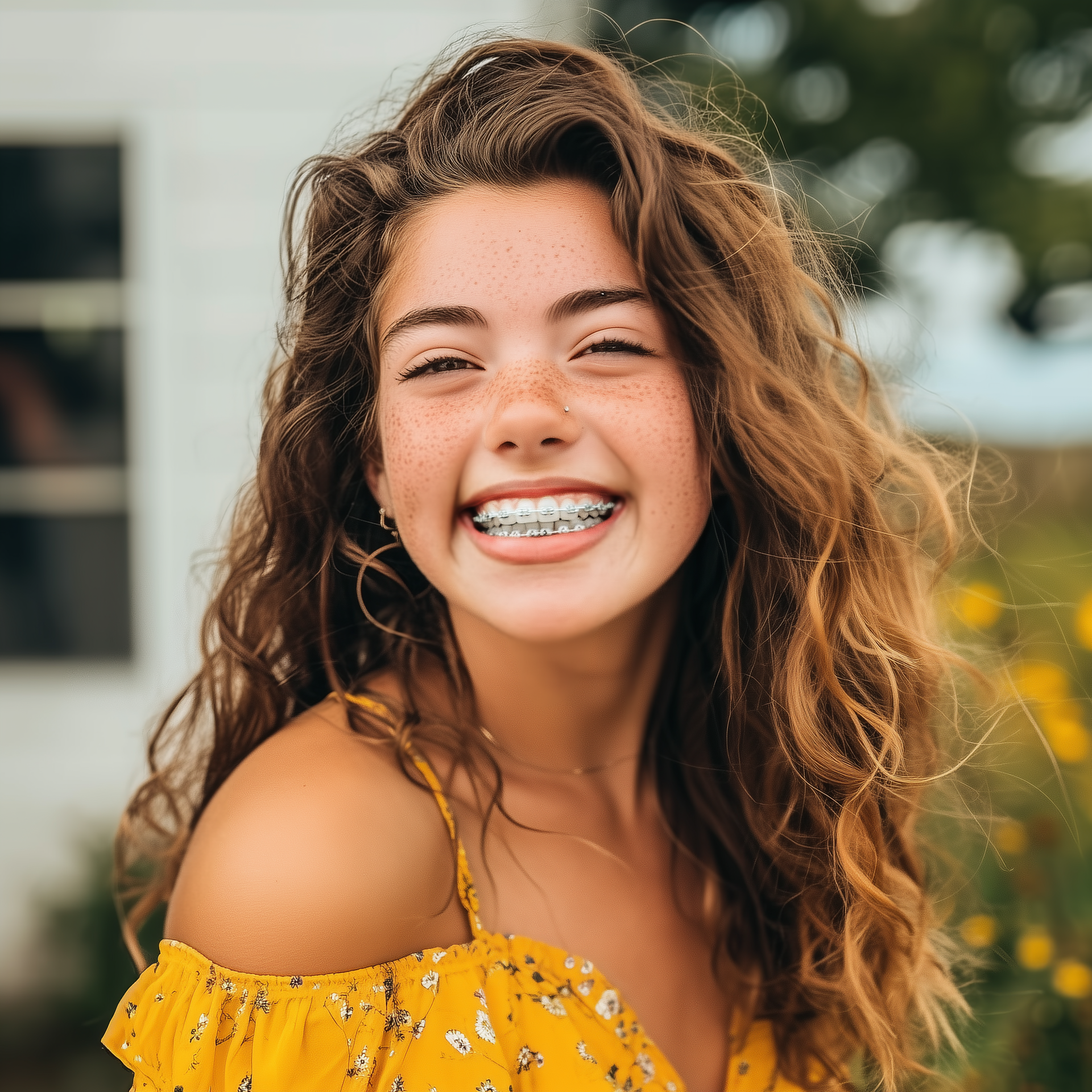 A young woman wearing braces and a yellow dress is smiling.