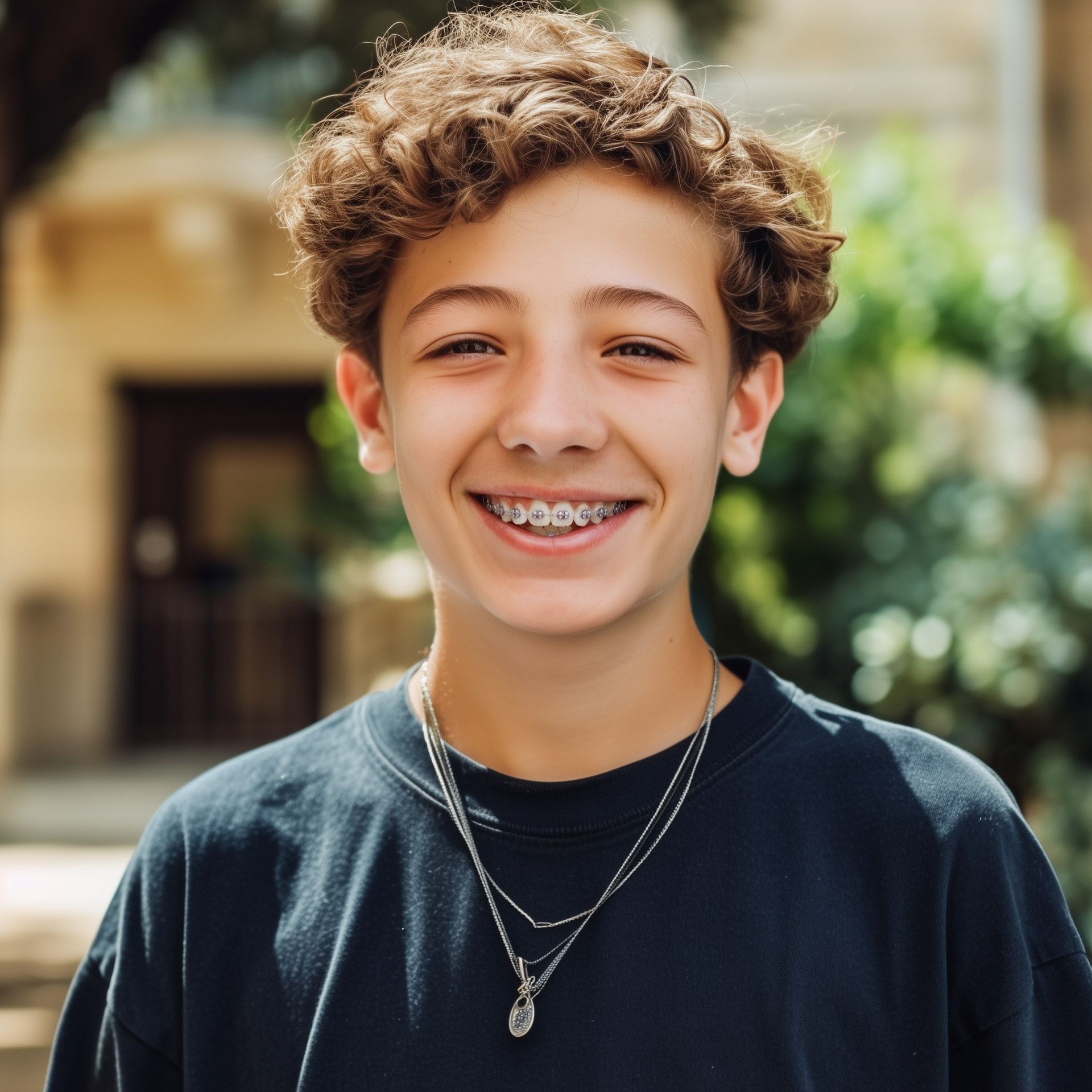 A young boy wearing braces and a necklace smiles for the camera