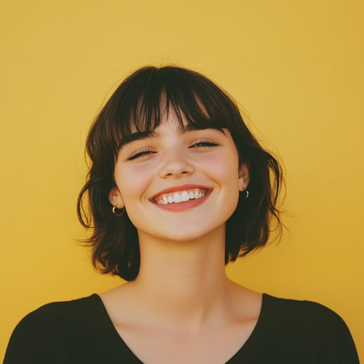 A woman with short hair is smiling in front of a yellow background