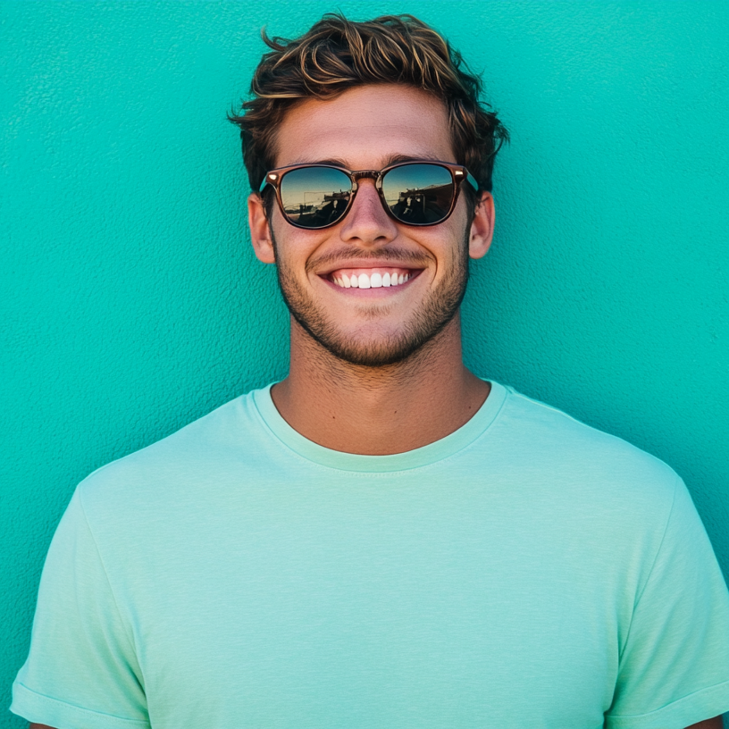 A man wearing sunglasses and a green shirt is smiling against a blue wall.