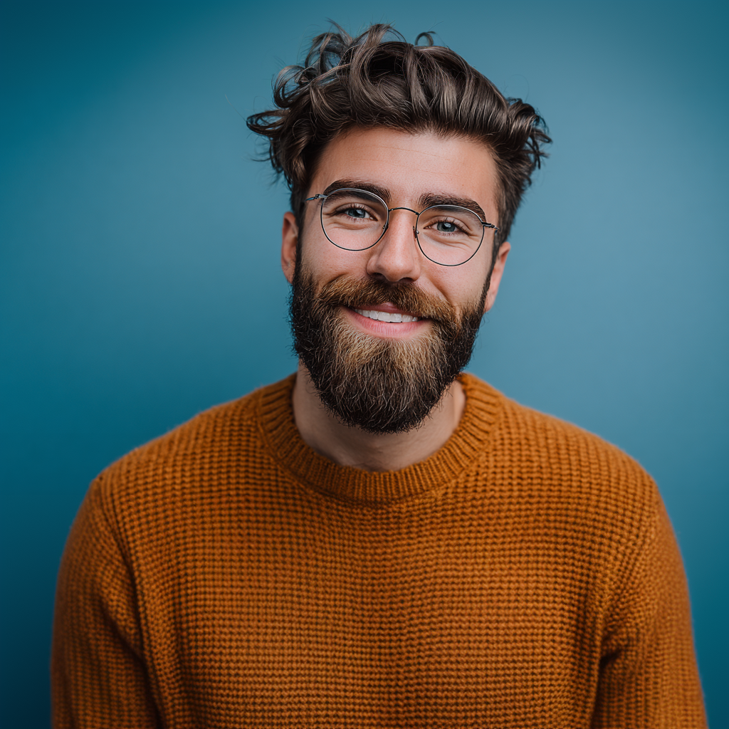 Smiling man with glasses and beard wearing an orange sweater against a blue background.