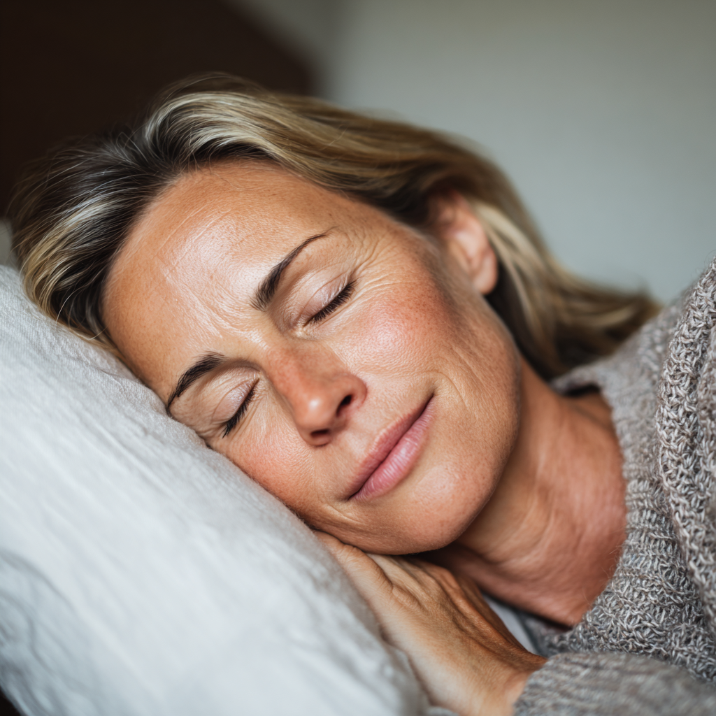 A person with blonde hair resting their head on a soft white pillow with their eyes closed in a peaceful sleep.