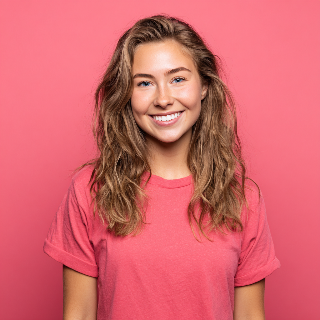 Smiling person in a pink shirt against a pink background