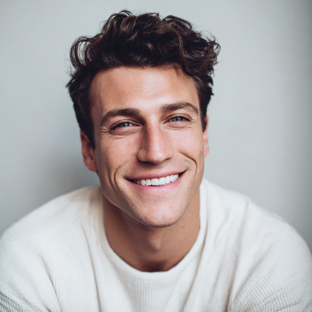 Man with curly brown hair smiles broadly, wearing a white sweater.