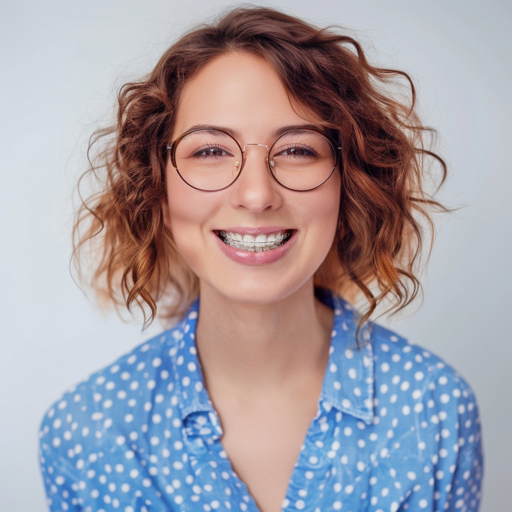 Woman with curly brown hair, glasses, and braces smiles widely, wearing a blue polka-dot shirt.