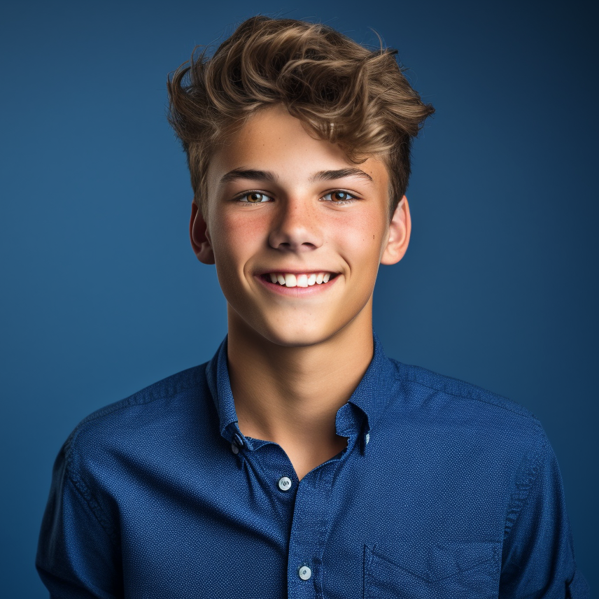 teenage boy with blue shirt on, smiling in front of a blue background