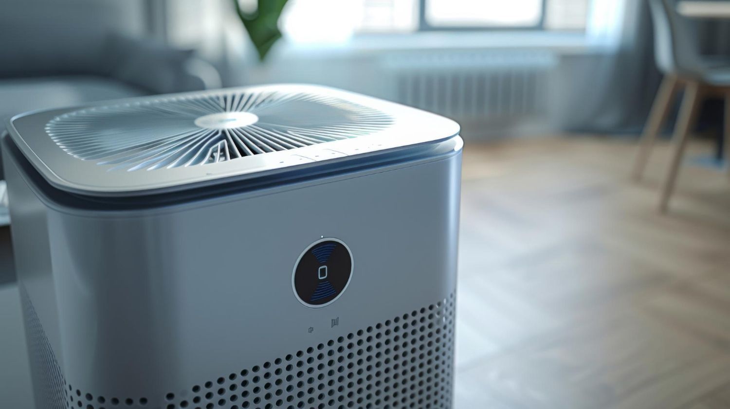 A white air purifier is sitting on a table in a living room.