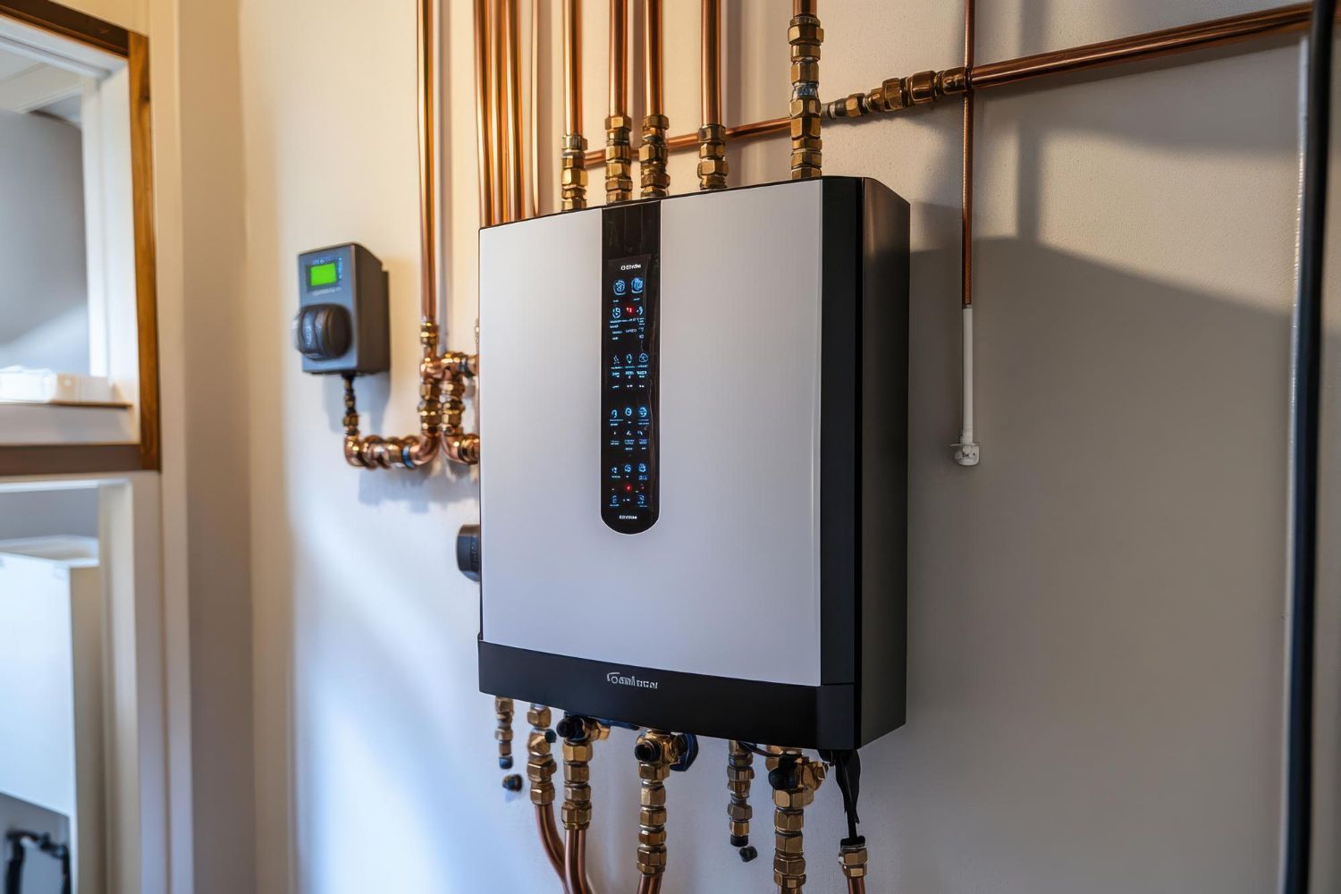 A water heater is hanging on a wall next to copper pipes.