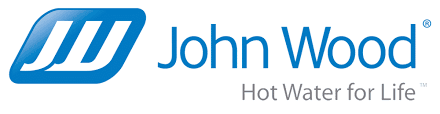 The john wood hot water for life logo is blue and white