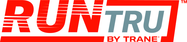 A red and white logo for run tru by trane