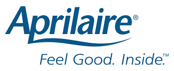 The aprilaire logo is blue and white and says feel good inside.