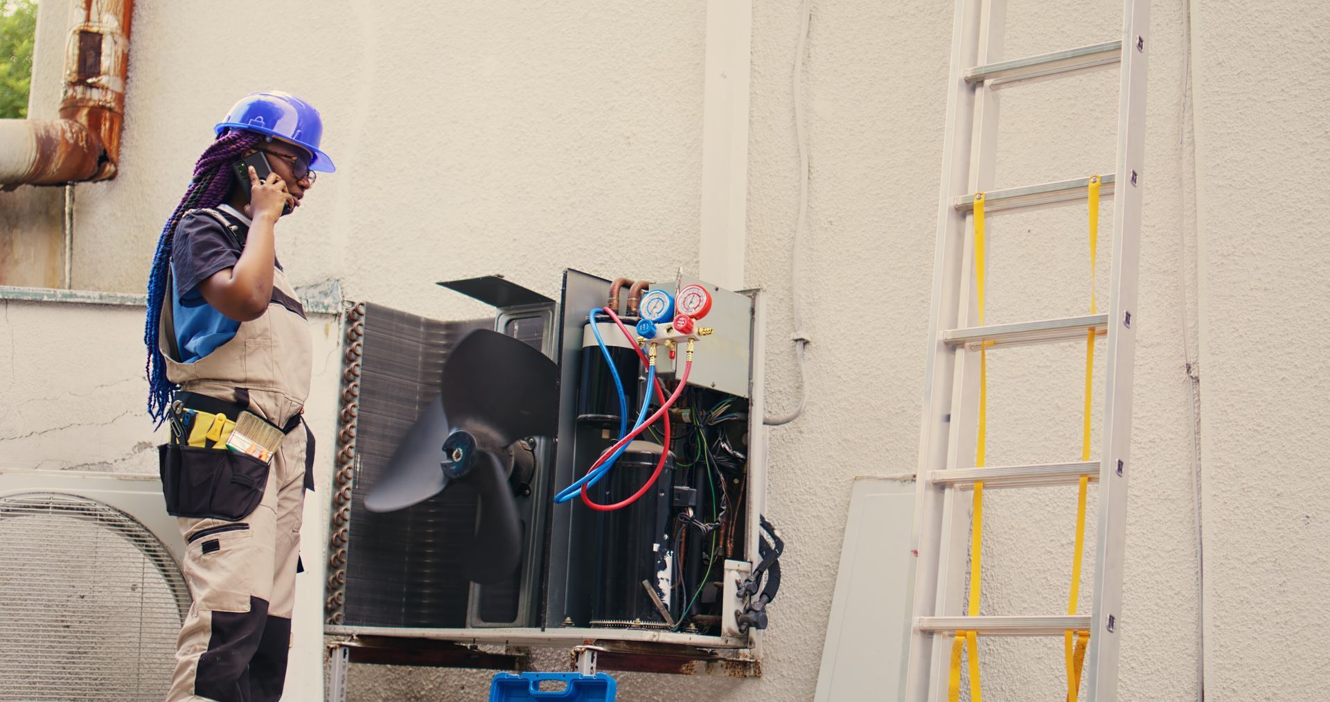 A man is talking on a cell phone while working on an air conditioner.