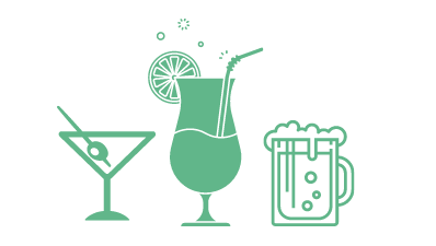 Three beverages: a martini, a tropical drink, and a mug of beer, all in green.