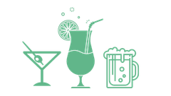 Three beverages: a martini, a tropical drink, and a mug of beer, all in green.