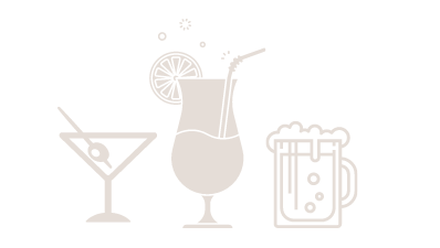 Cocktail glass, hurricane glass with a lemon slice and straw, and a beer mug.