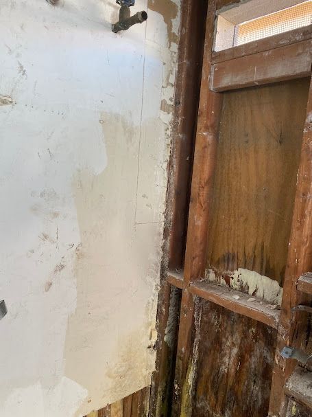 A bathroom with a wooden door and a white wall.