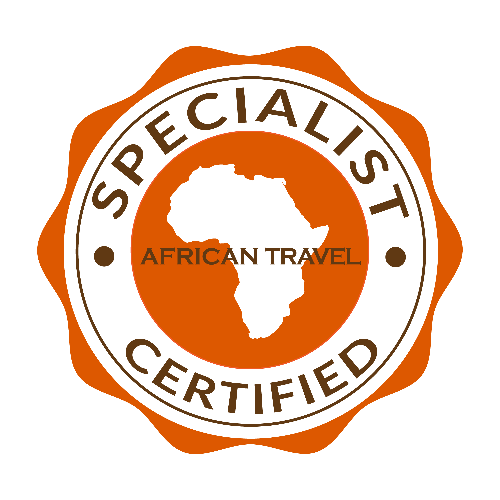 Orange and white badge: African Travel Specialist Certified, map of Africa.