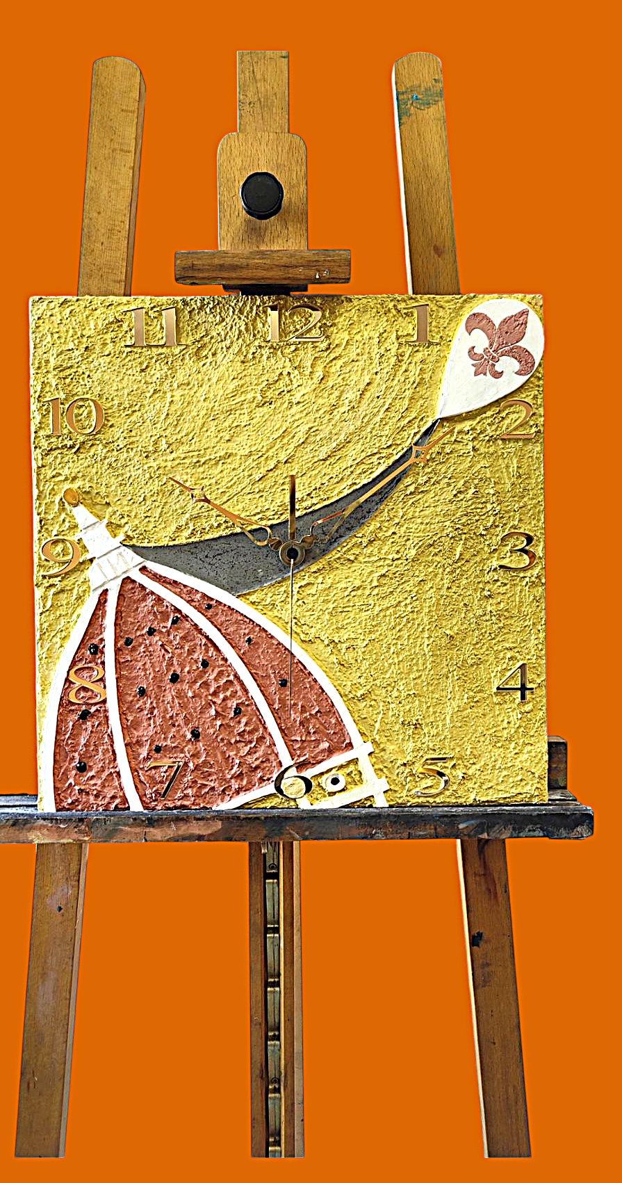 Un dipinto di un ombrello su un cavalletto con un orologio sopra