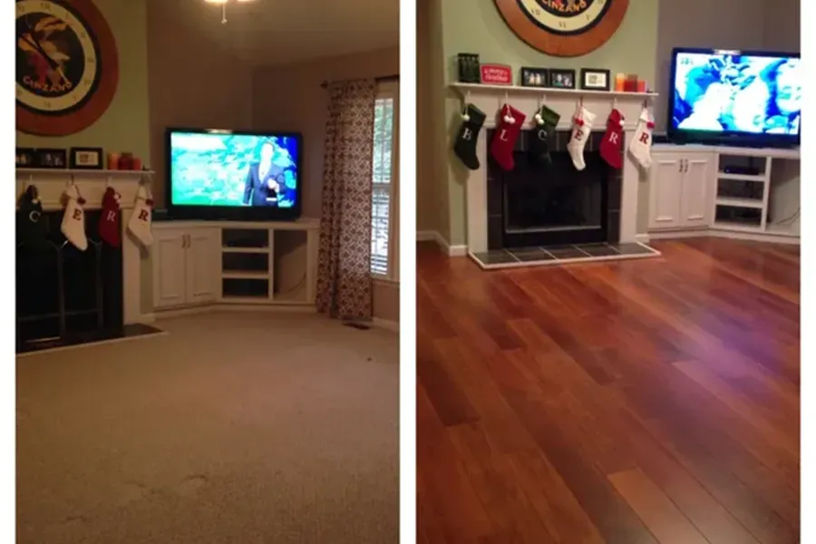 Living room before-and-after: carpet and hardwood floors, fireplace, stockings, and TV on the wall.