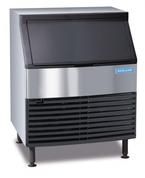 Commercial ice machine with black top and front grill, stainless steel body.