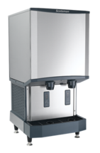 Stainless steel ice machine with two dispensers and a drain tray.