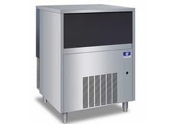 Stainless steel ice machine, black trim, blue logo in the upper right.