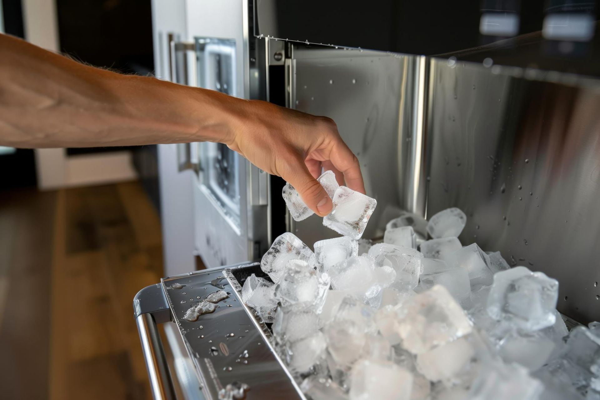 Hand reaching into an ice machine to grab ice cubes. Silver machine, cubes in a bin.