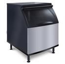Black and silver commercial ice bin, box-shaped with a slanted top and legs.