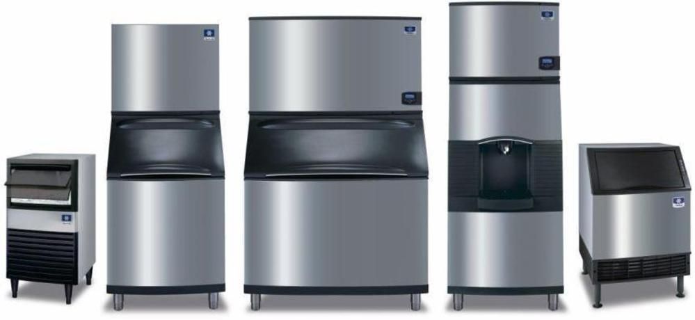 Ice machines in various sizes, with stainless steel exteriors and black detailing.