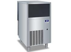 Stainless steel ice machine with black top, vents, and logo.