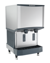 Stainless steel ice machine, black trim, blue logo in the upper right.