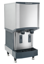 Scotsman ice and beverage dispenser, stainless steel exterior, with two beverage spouts.