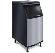 Commercial ice machine with black top and front grill, stainless steel body.