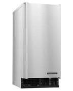 Stainless steel ice maker; upright, rectangular, with a black bottom vent.