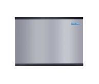 Stainless steel ice machine, black trim, blue logo in the upper right.