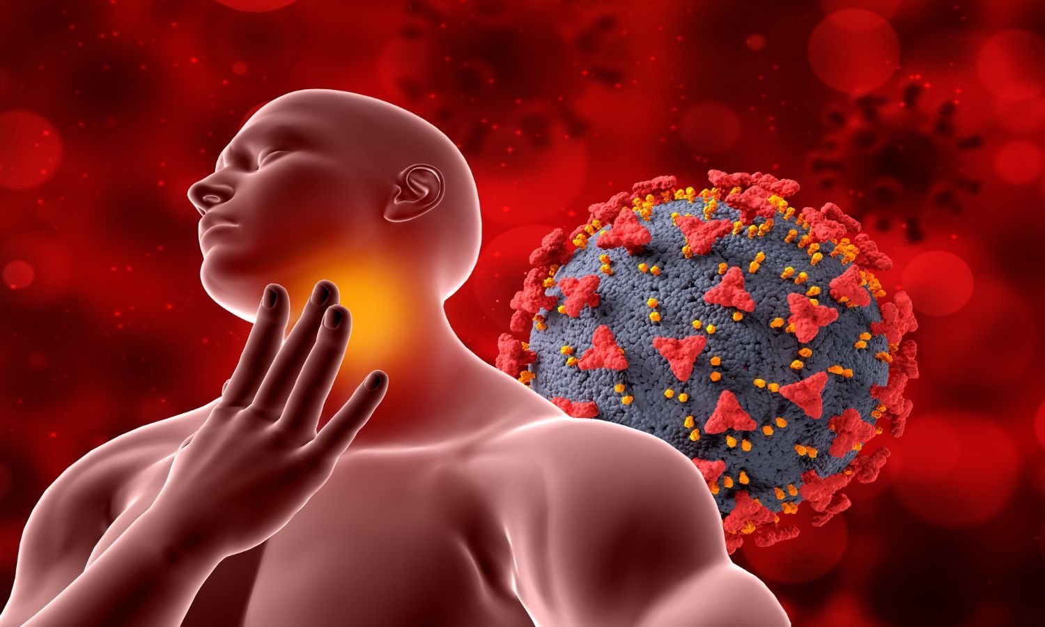 A man is holding his throat in front of a virus.