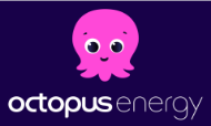 Octopus Energy logo with pink octopus icon on dark purple background
