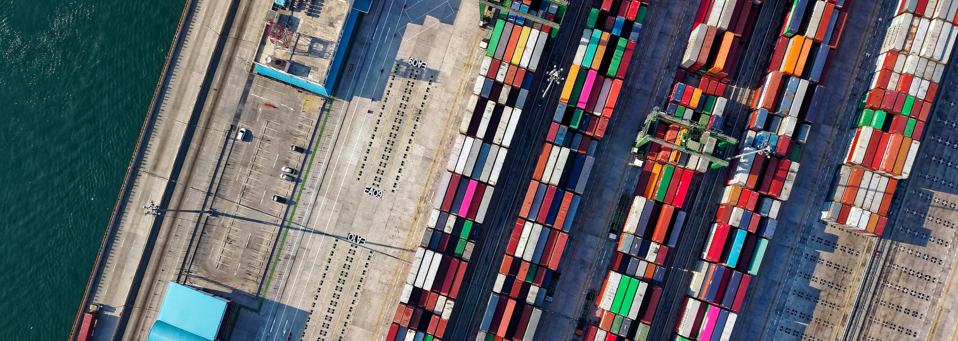 Picture of storage containers at a shipyard, from an arial view. 