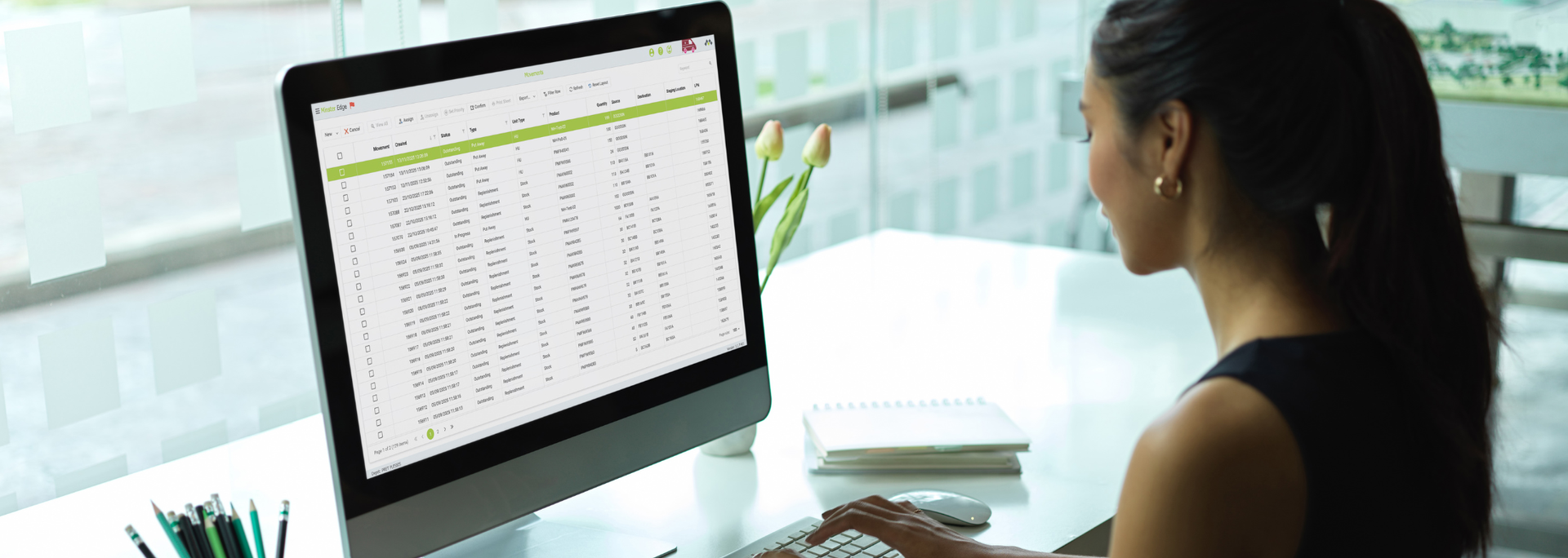 Picture of a person in an office using Minster WMS software.
