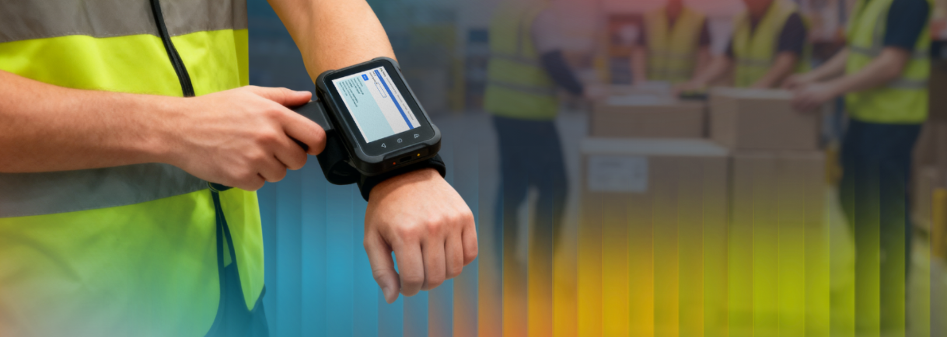 Picture of a person using Minster software in a warehouse. 