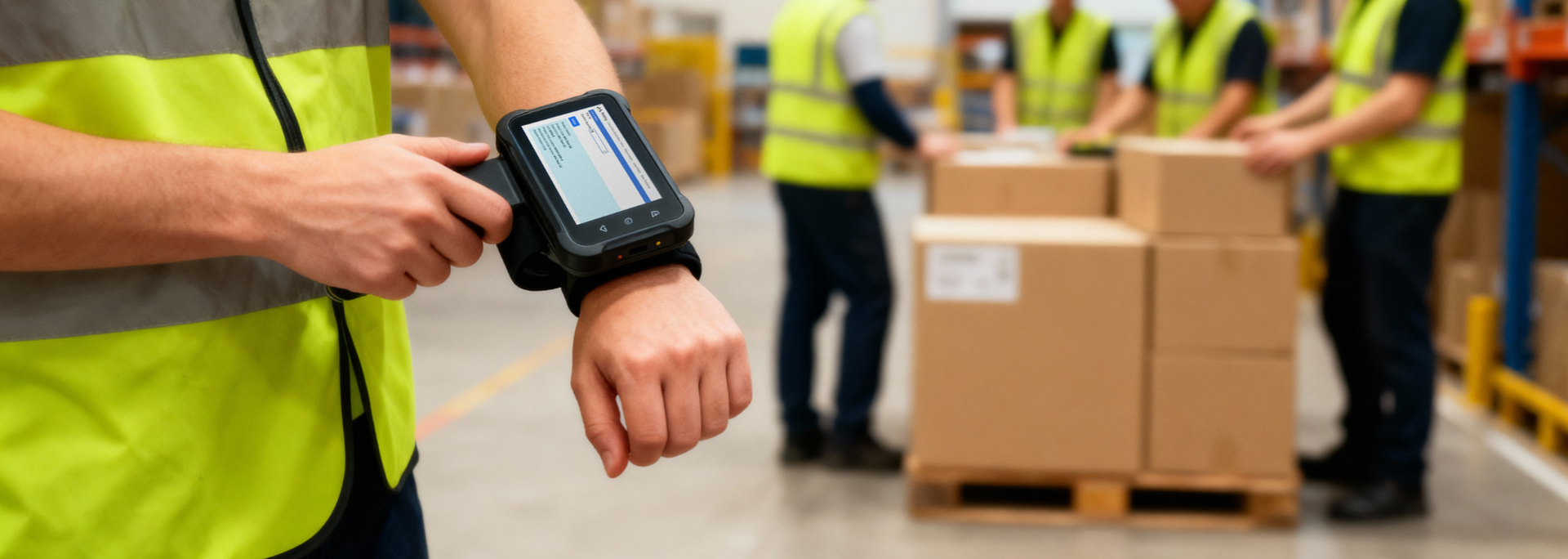 Picture of a person using Minster software within a warehouse. 