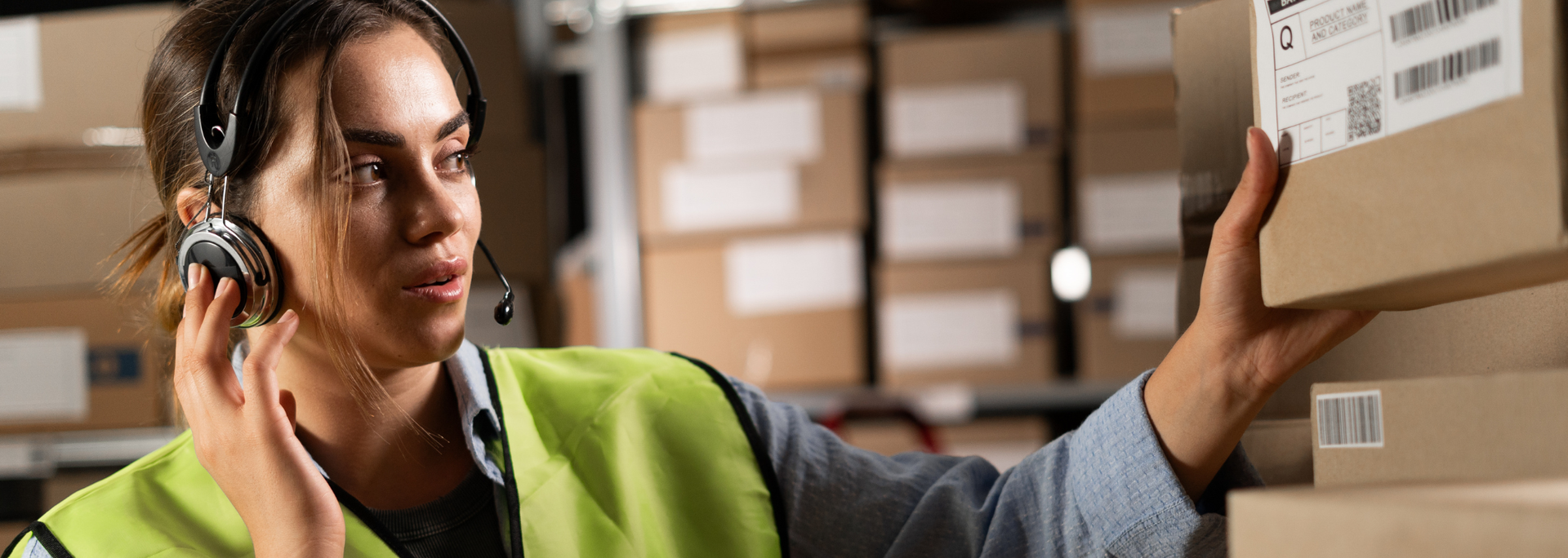 Picture of a person using a voice picking headset. 