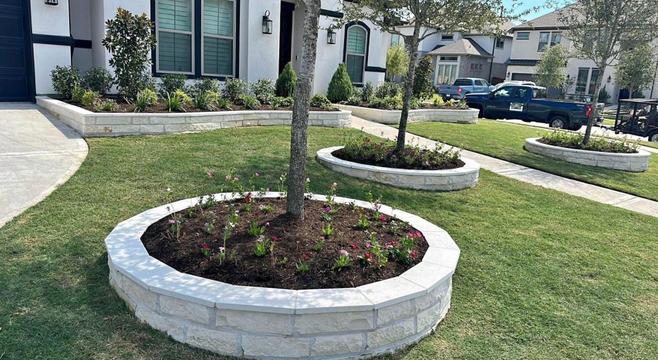 A tree in a planter in front of a house.