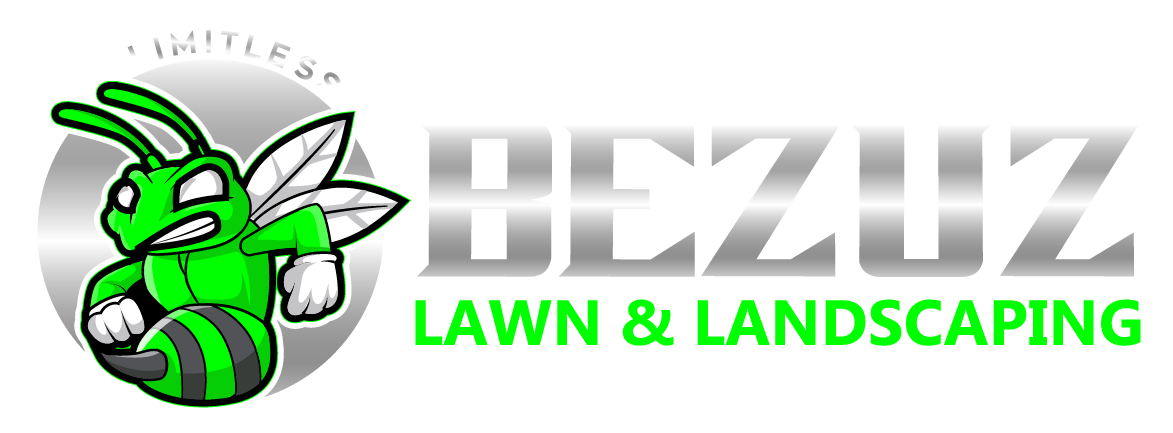 The logo for bezuz lawn and landscaping has a green bee on it.