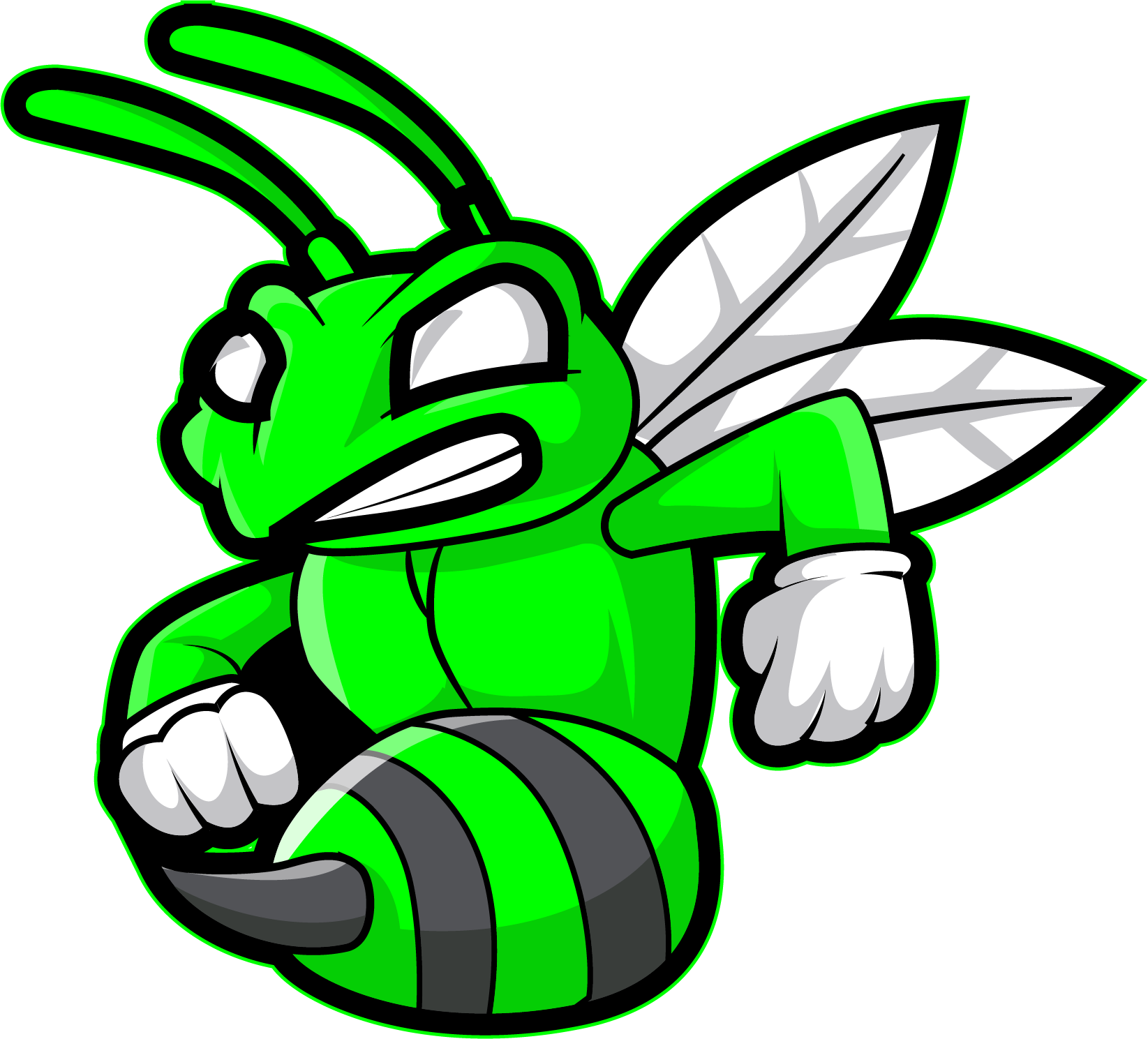 A green bee with white wings is flying in the air.