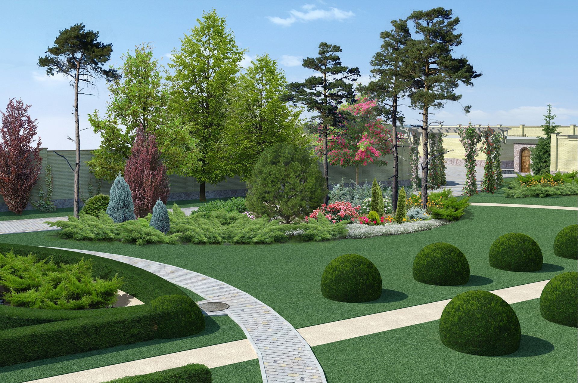 An artist 's impression of a garden with trees and bushes