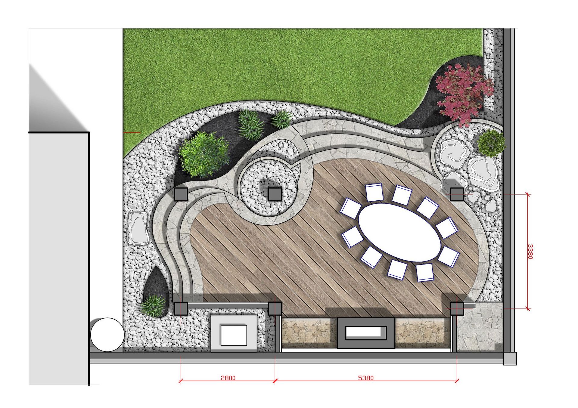 An aerial view of a patio with a table and chairs.