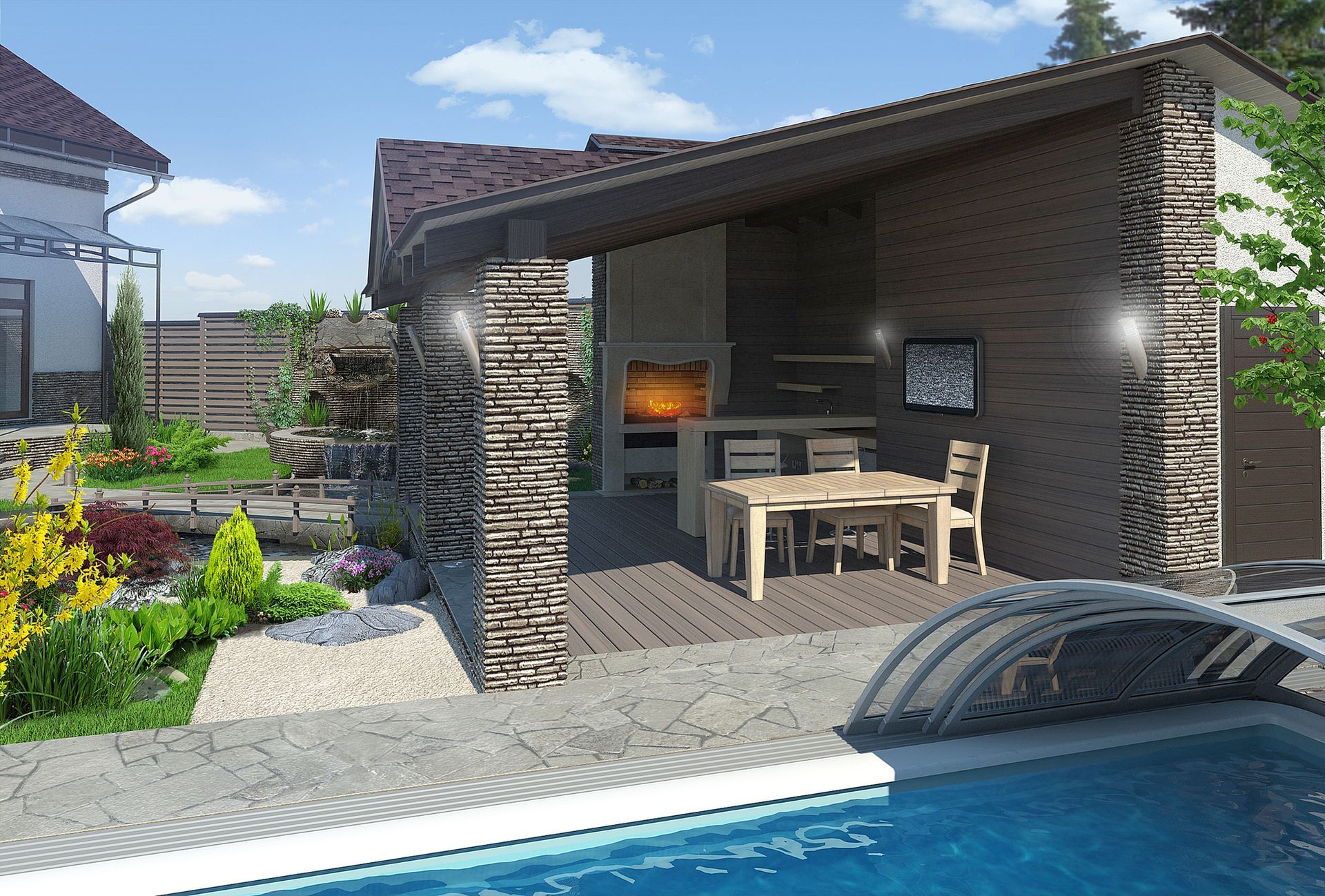 An artist 's impression of a house with a swimming pool