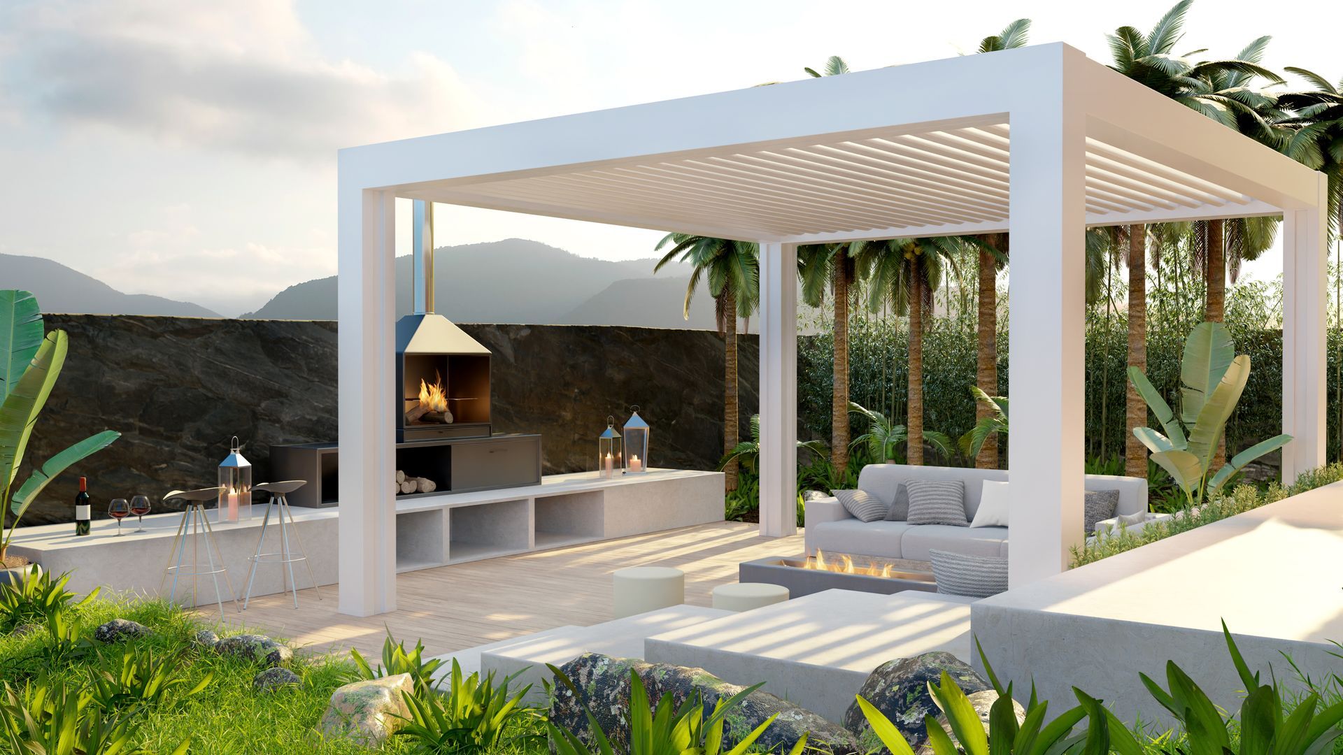 A modern white pergola covers an outdoor seating area with a sofa, fire pit, and stone fireplace in a lush garden setting.